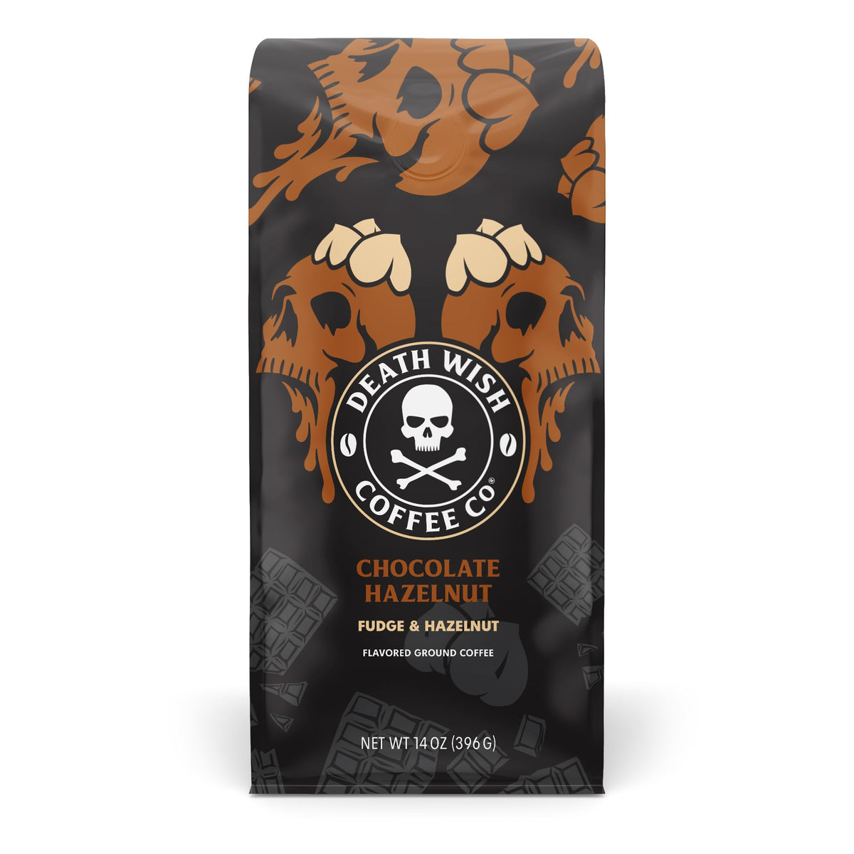 Death Wish Chocolate Hazelnut ground coffee 14 oz bag, ready for bold mornings.