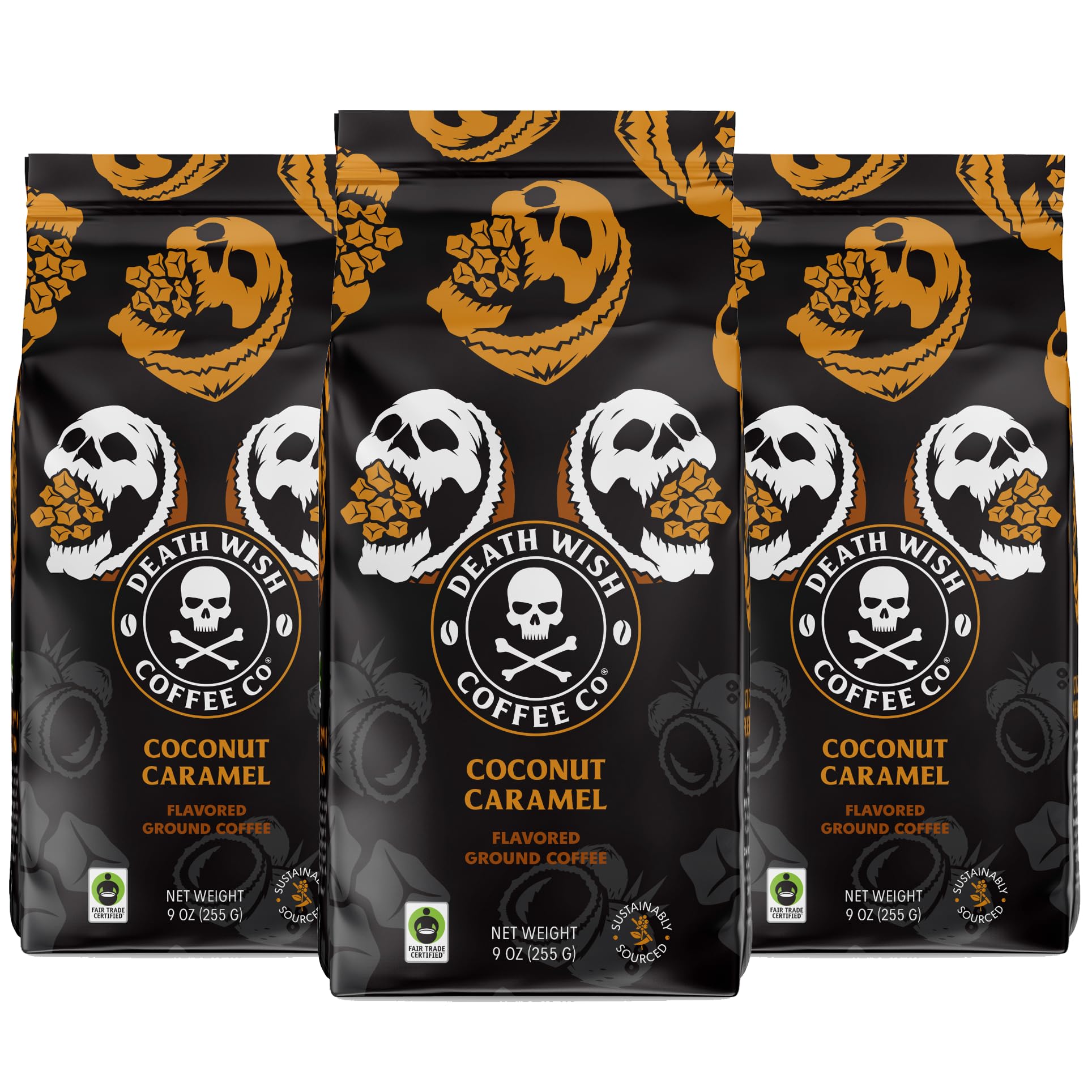 Death Wish Coffee Coconut Caramel ground coffee bag for bold mornings.