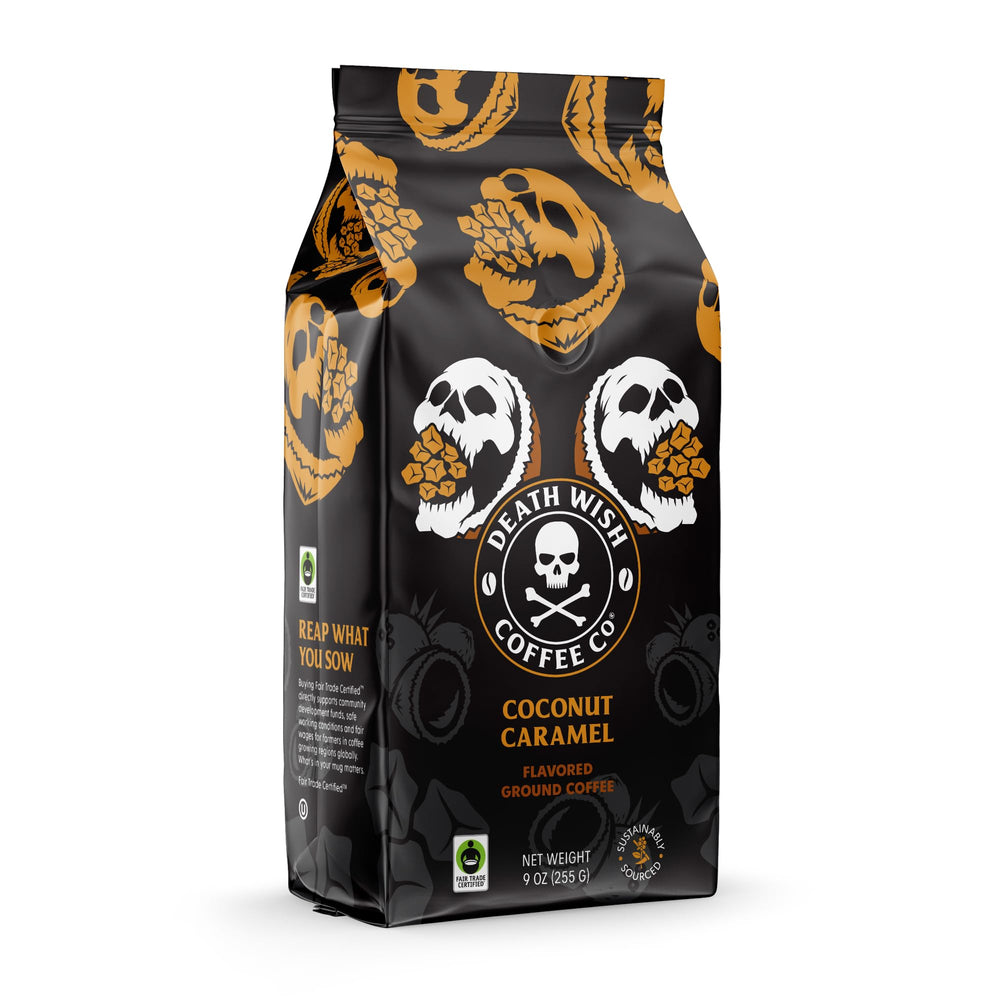 Death Wish Coffee Coconut Caramel pour-over setup for a strong cup.