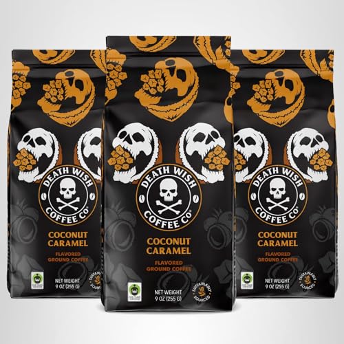 Death Wish Coffee Coconut Caramel label emphasizes bold taste.