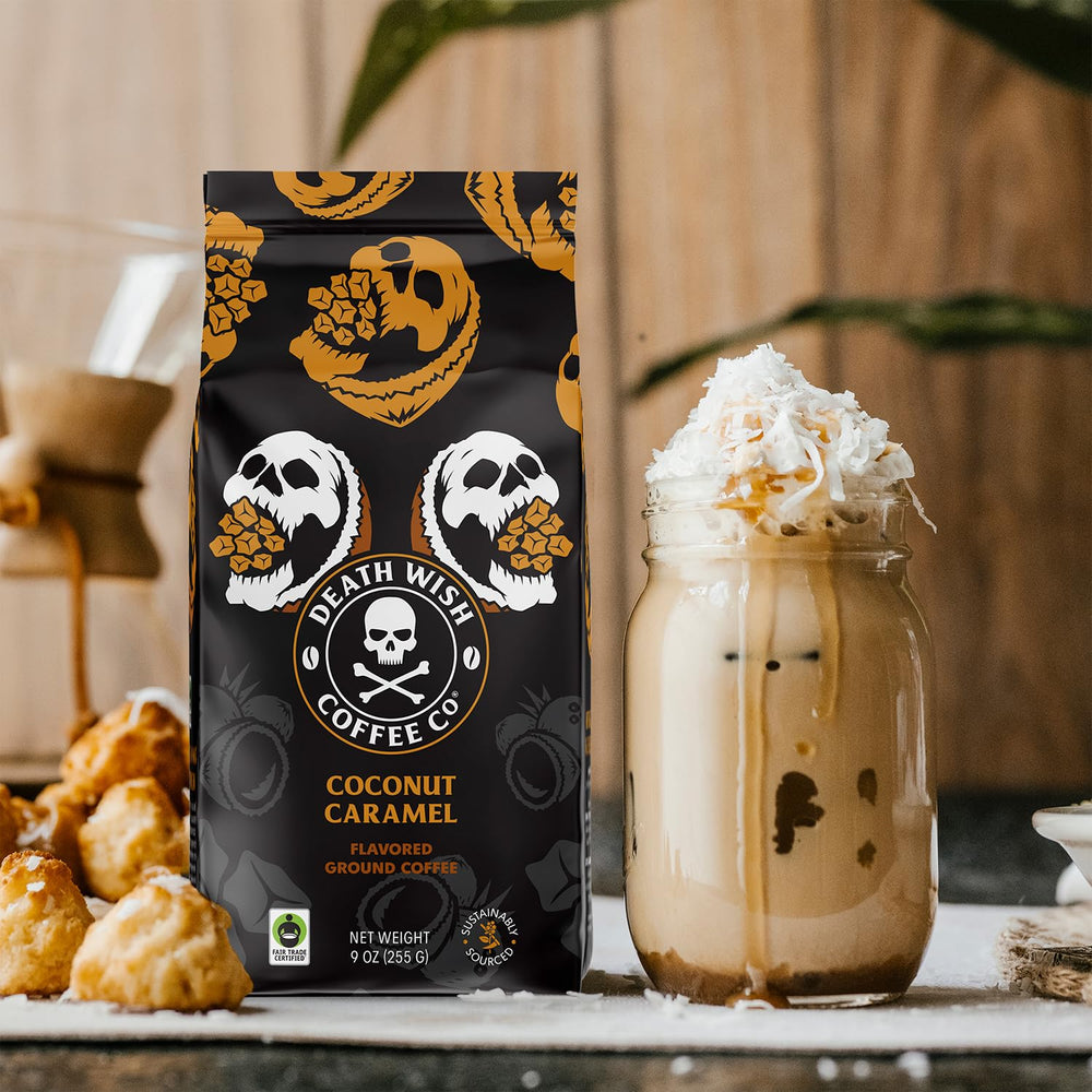 Death Wish Coffee Coconut Caramel packaging shows USDA Organic and Fair Trade.
