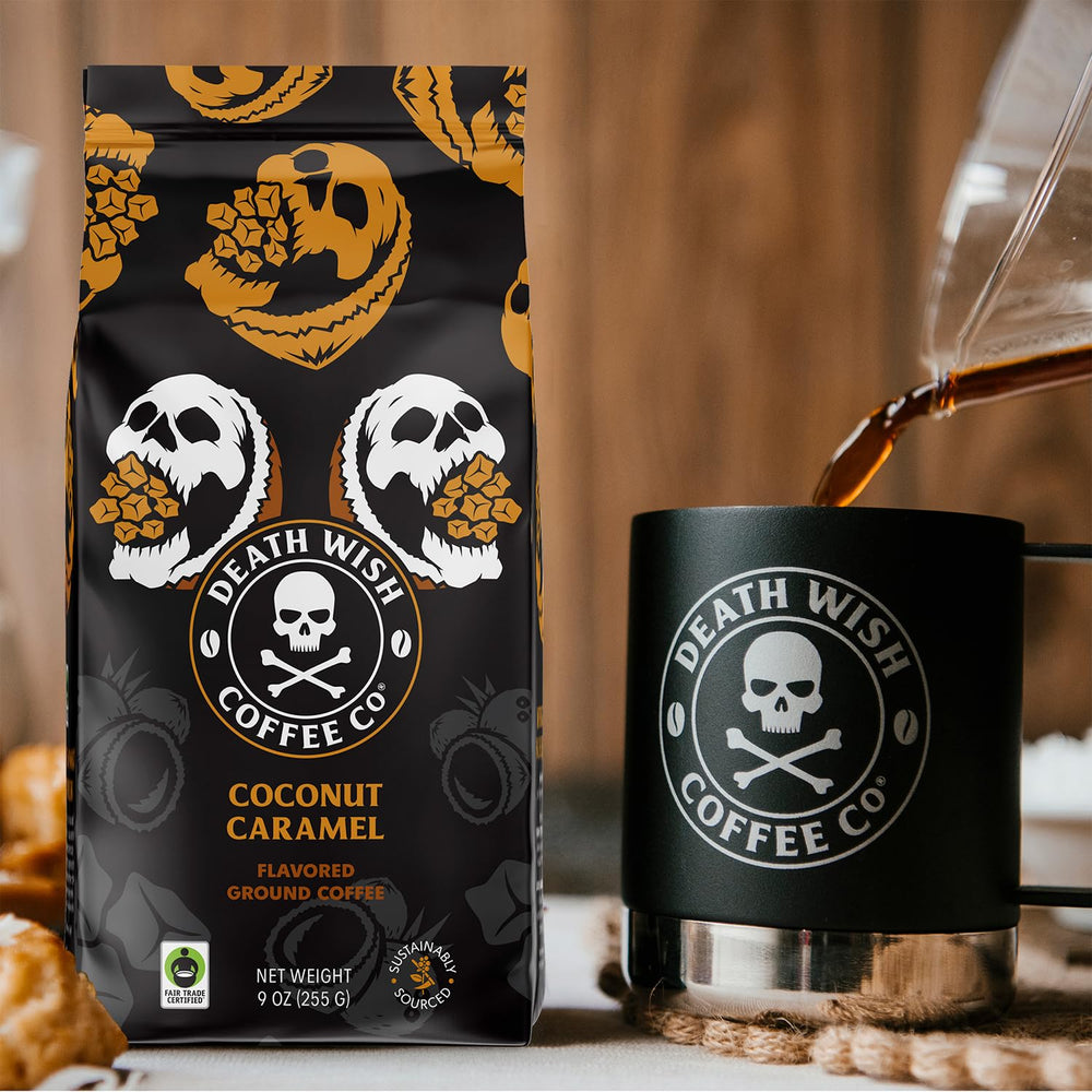 Death Wish Coffee Coconut Caramel steaming mug with rich aroma.