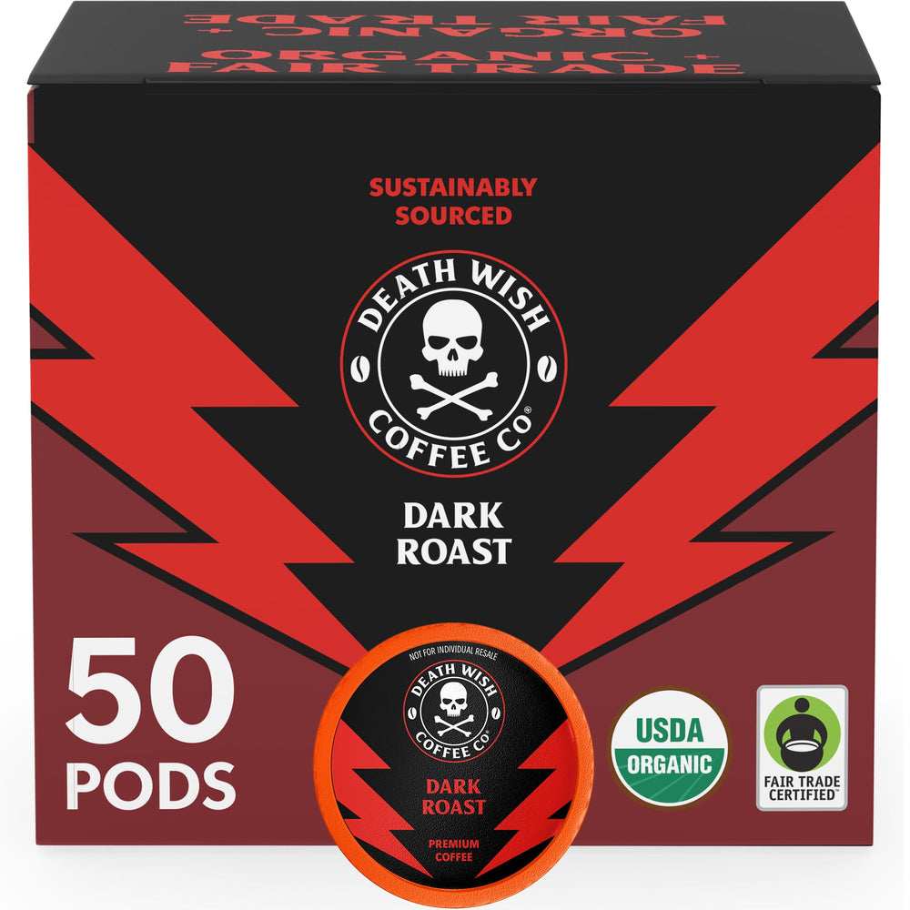 Death Wish Coffee dark roast pod pour delivers bold aroma and quick energy.