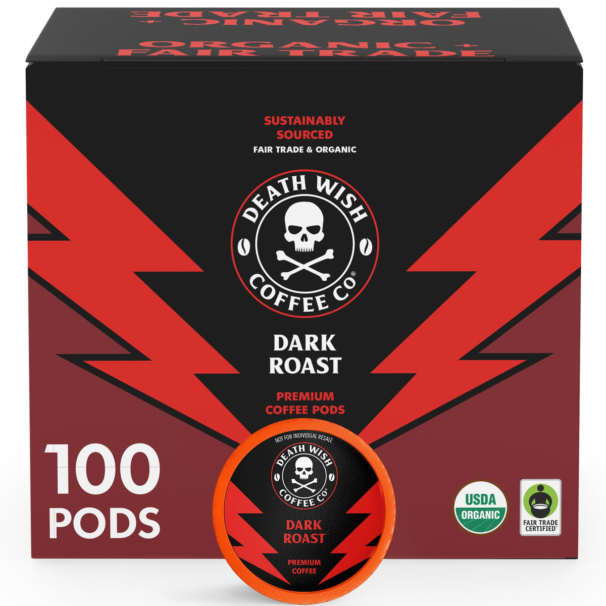 Death Wish Coffee dark roast pods in box highlighting bold flavor.