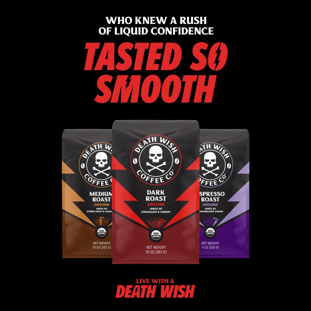 Amber-roasted Death Wish Coffee beans on a bright kitchen counter.
