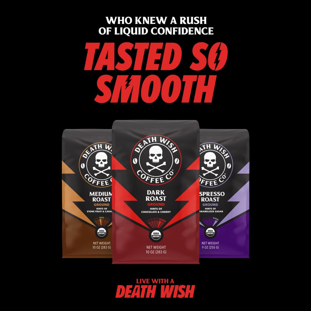 Amber-roasted Death Wish Coffee beans on a bright kitchen counter.