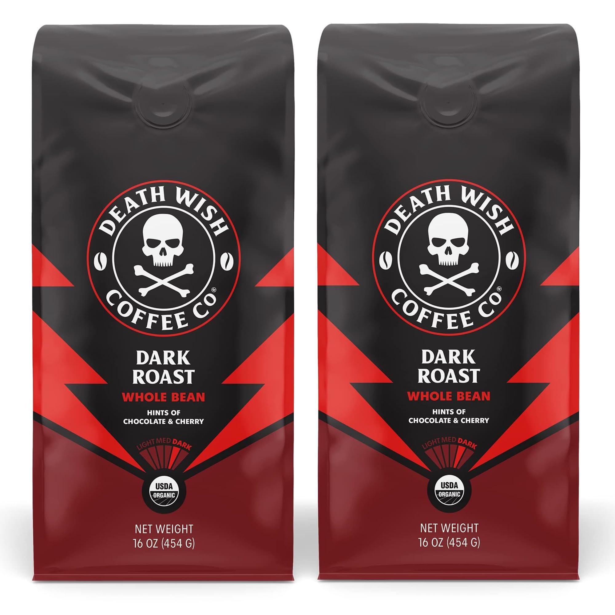 Death Wish Coffee dark roast whole beans in a 2-pack for bold mornings.