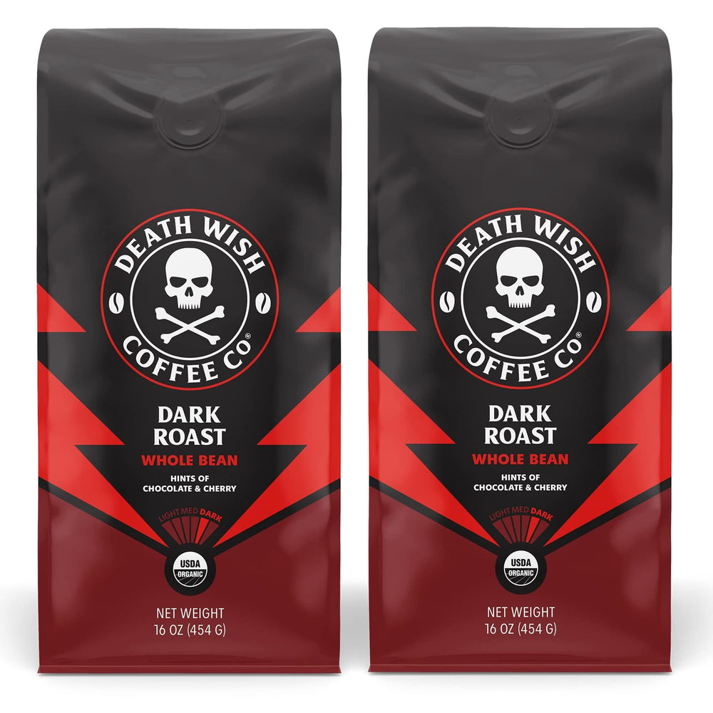 Death Wish Coffee dark roast whole beans in a 2-pack for bold mornings.
