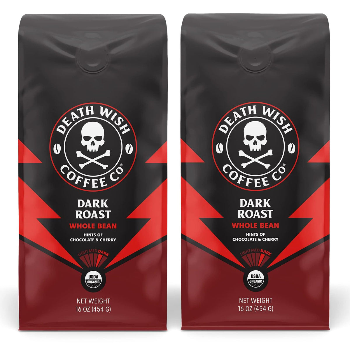 Death Wish Coffee dark roast whole beans in a 2-pack for bold mornings.