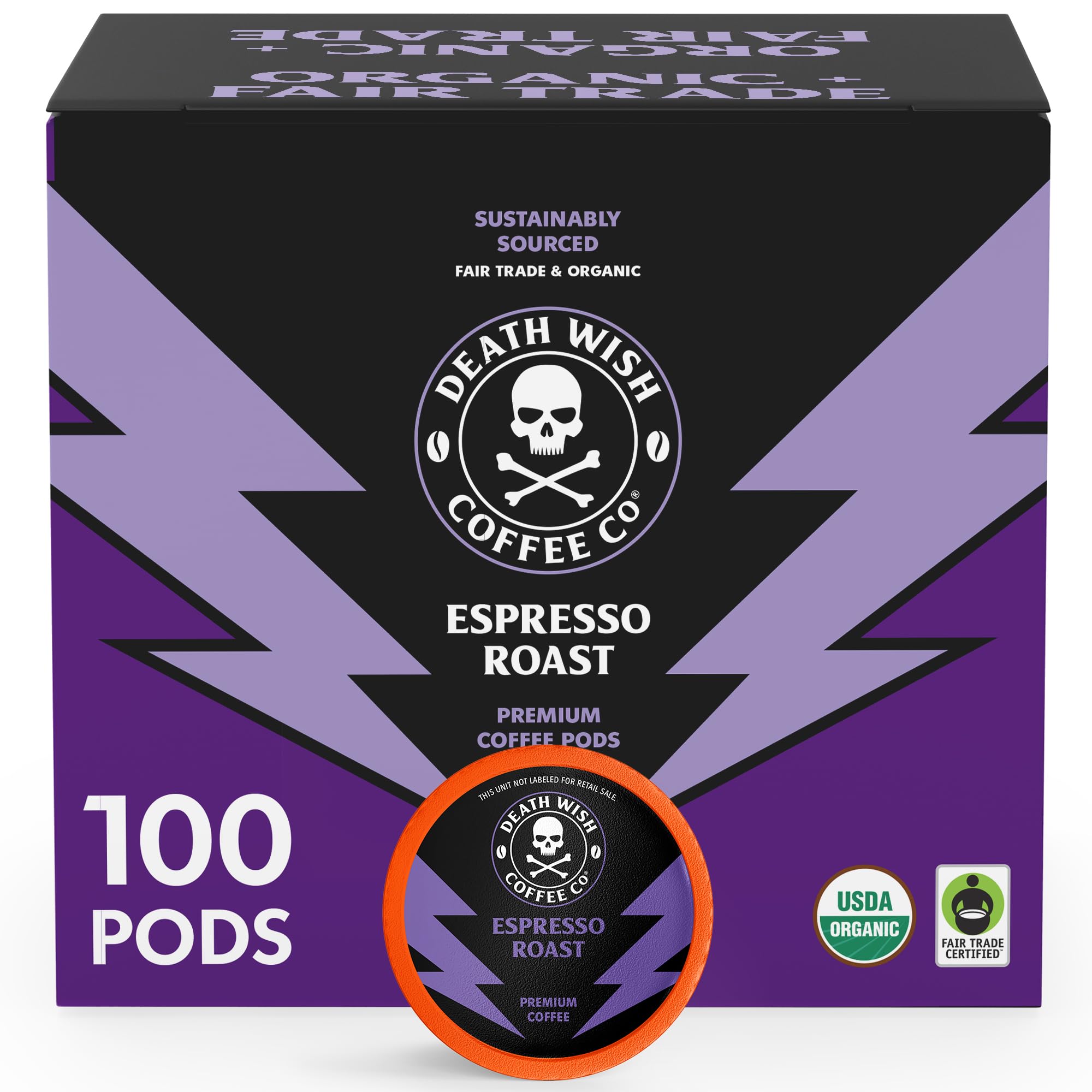 Death Wish Coffee Espresso Roast pod close-up, bold flavor for at-home baristas.