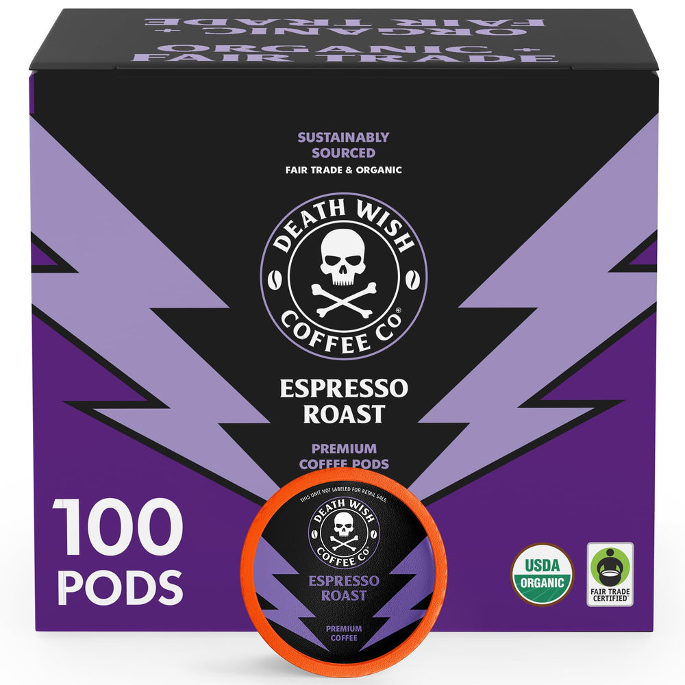 Death Wish Coffee Espresso Roast pod close-up, bold flavor for at-home baristas.