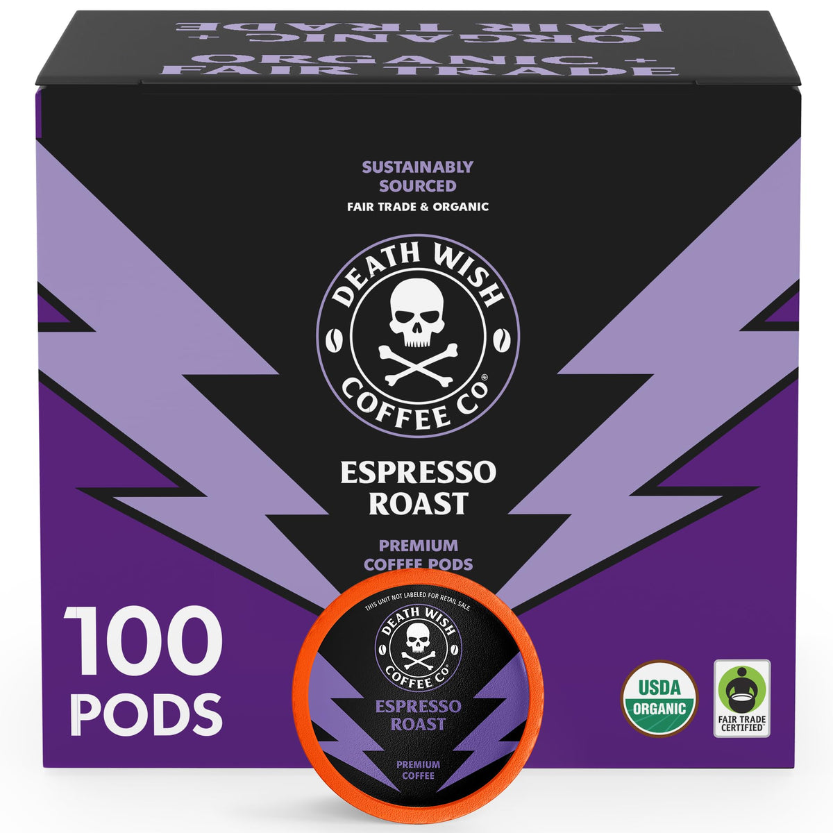 Death Wish Coffee Espresso Roast pod close-up, bold flavor for at-home baristas.
