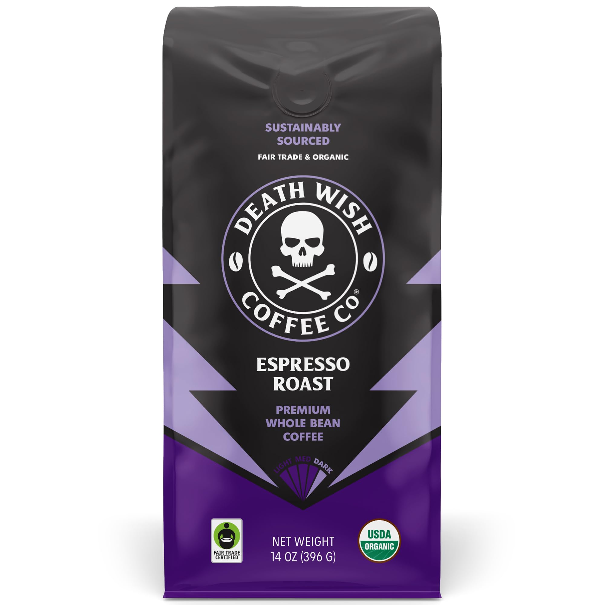 Death Wish Coffee Espresso Roast whole bean 14 oz ready for bold home brewing