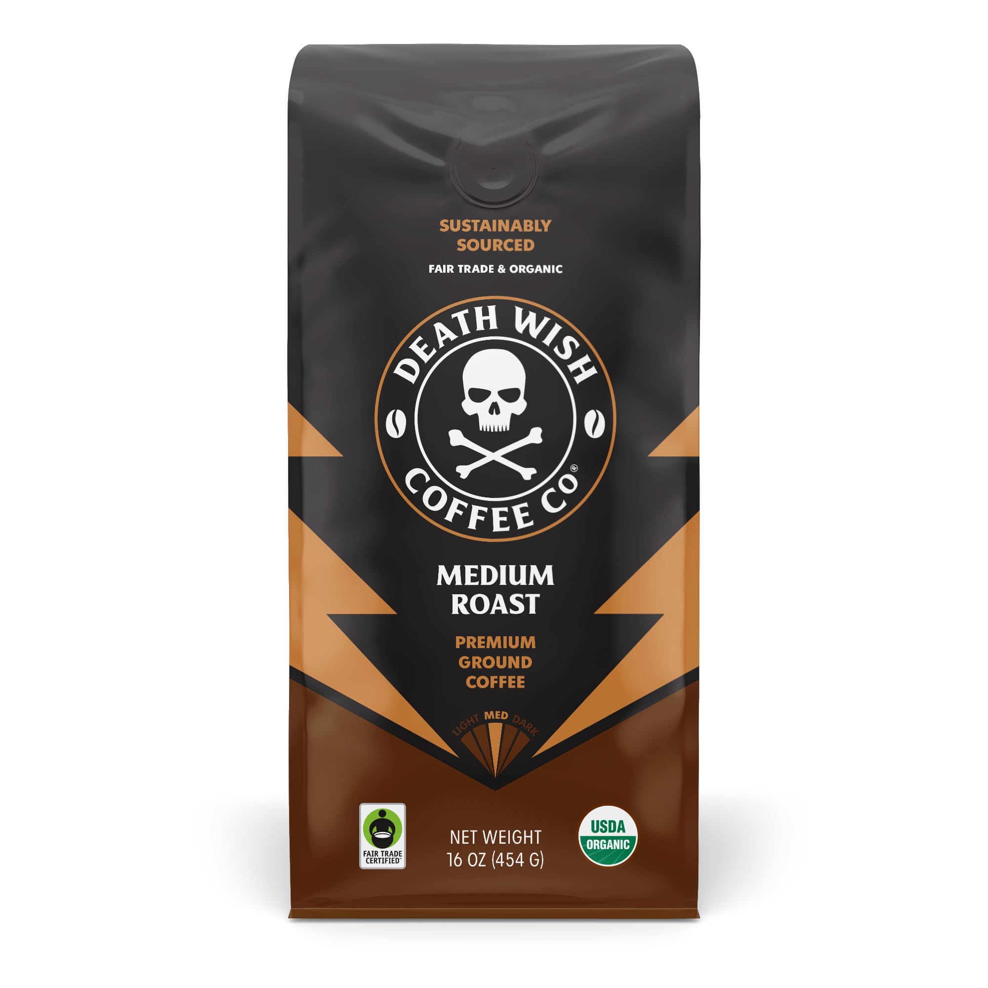 Death Wish Coffee ground 16 oz pack for bold morning brews.