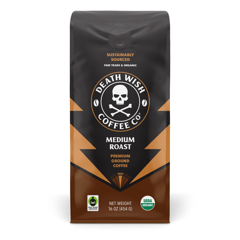 Death Wish Coffee ground 16 oz pack for bold morning brews.