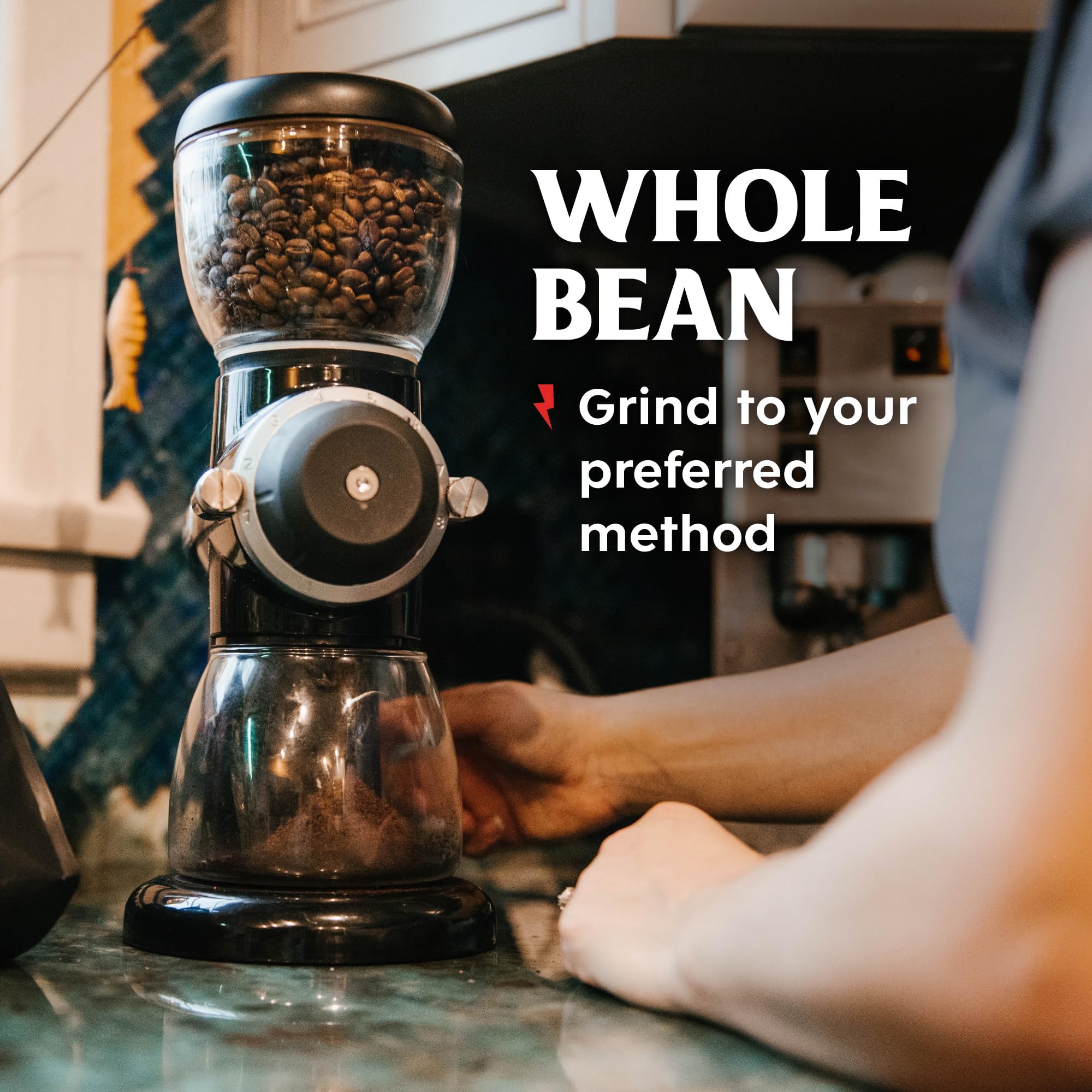 Brewing options: ground or whole bean for flexibility.
