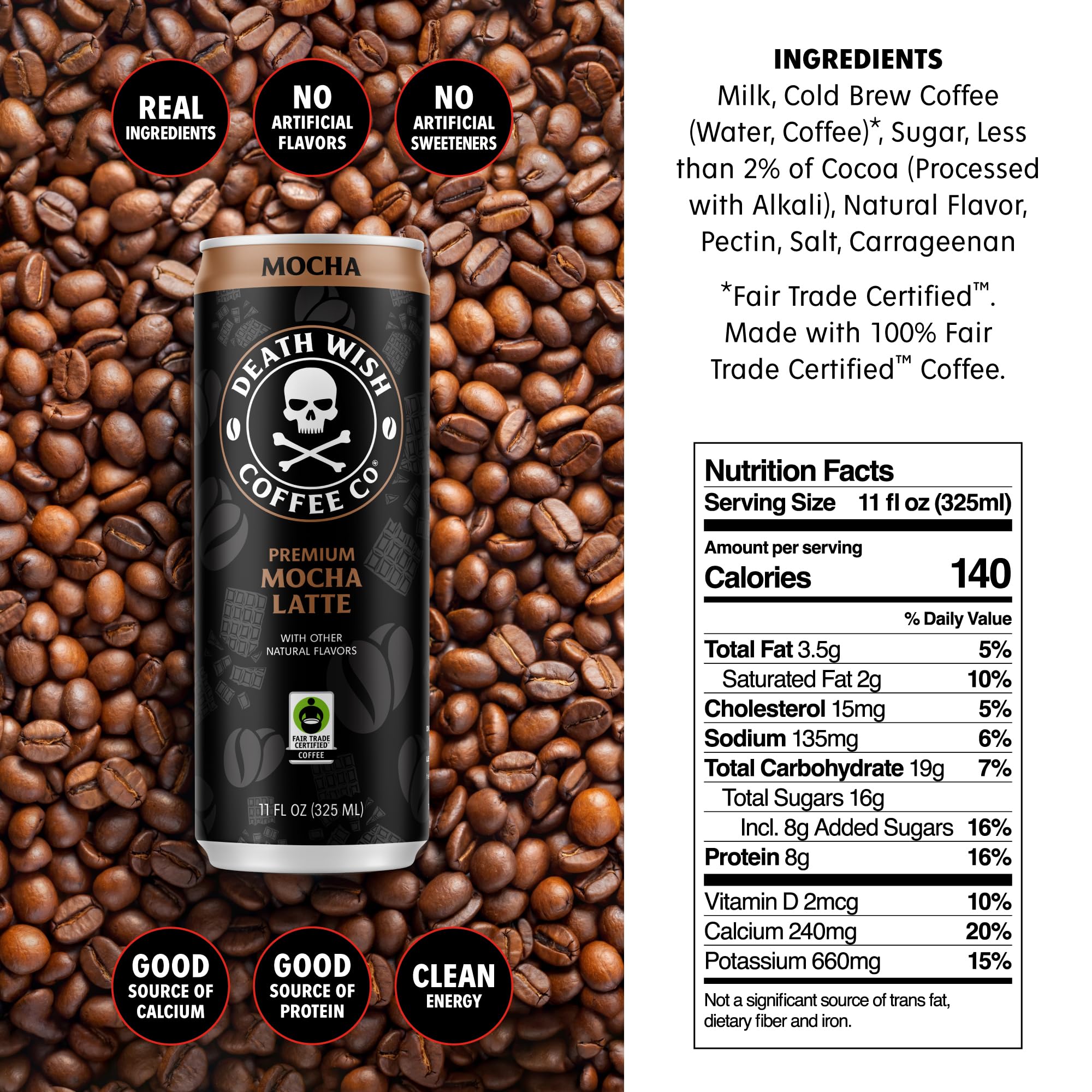 Death Wish Coffee iced latte pour highlights creamy mocha aroma