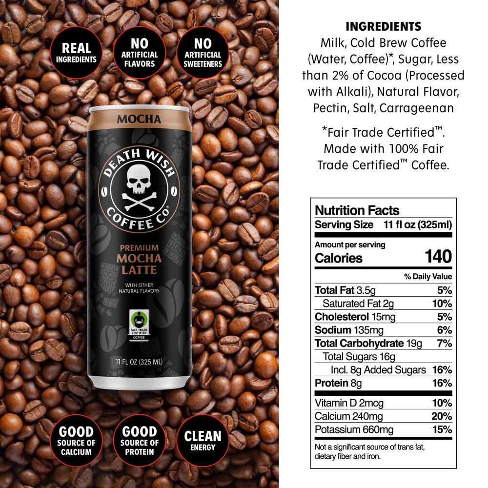 Death Wish Coffee iced latte pour highlights creamy mocha aroma