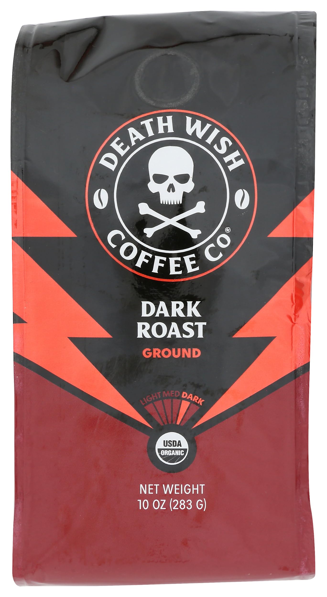 Death Wish Coffee Organic Dark Roast ground coffee bag showcases a bold aroma.