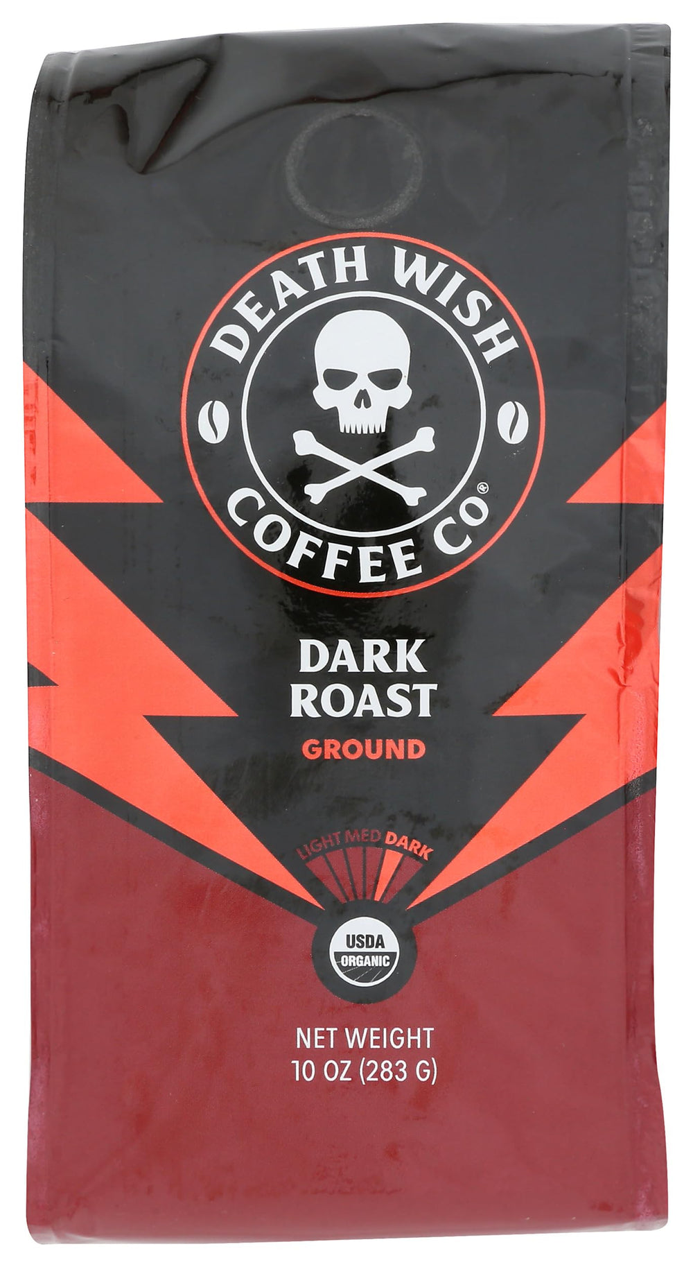Death Wish Coffee Organic Dark Roast ground coffee bag showcases a bold aroma.