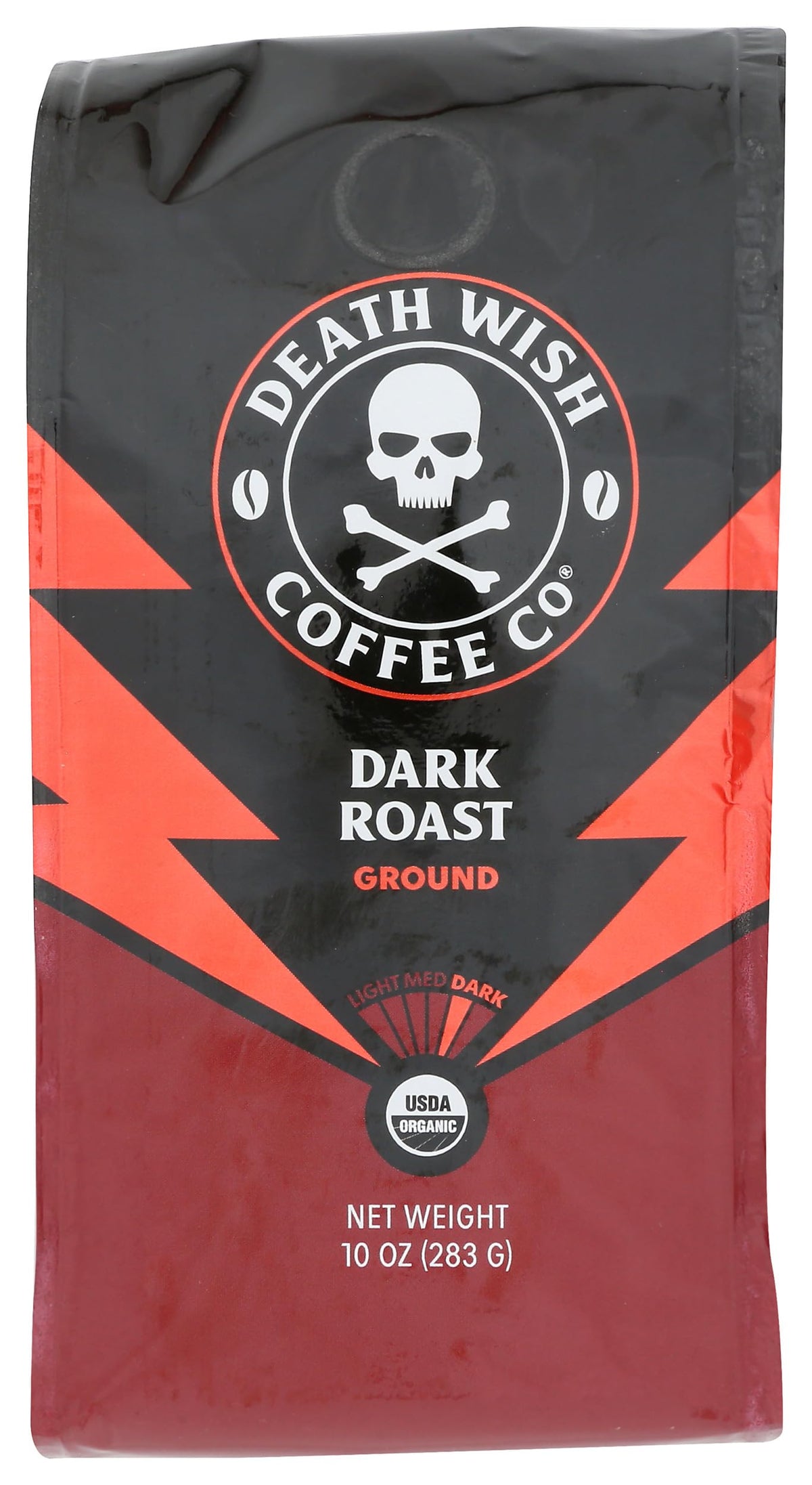 Death Wish Coffee Organic Dark Roast ground coffee bag showcases a bold aroma.