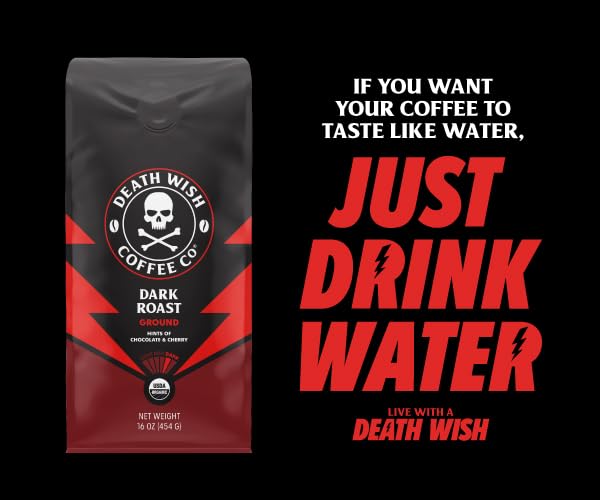 Death Wish Coffee packaging front view showcasing heavy-duty, premium single-serve pods.