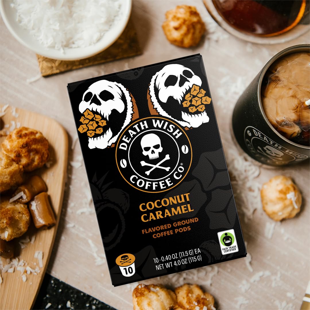 Death Wish Coconut Caramel box back detailing premium blend notes for a bold start.