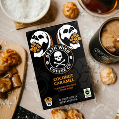 Death Wish Coconut Caramel box back detailing premium blend notes for a bold start.