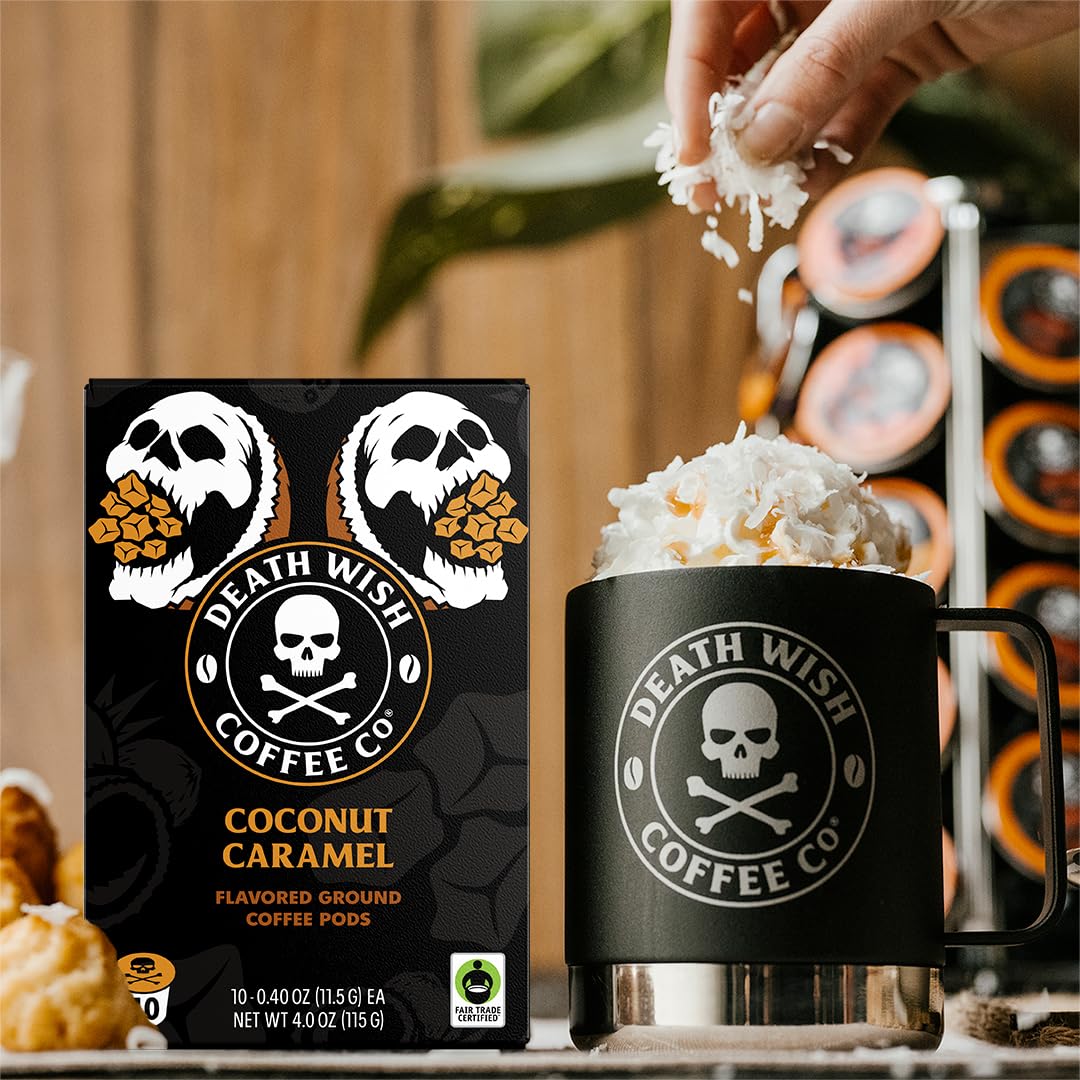 Death Wish Coconut Caramel pods inside pack for convenient single-serve mornings.