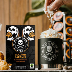 Death Wish Coconut Caramel pods inside pack for convenient single-serve mornings.
