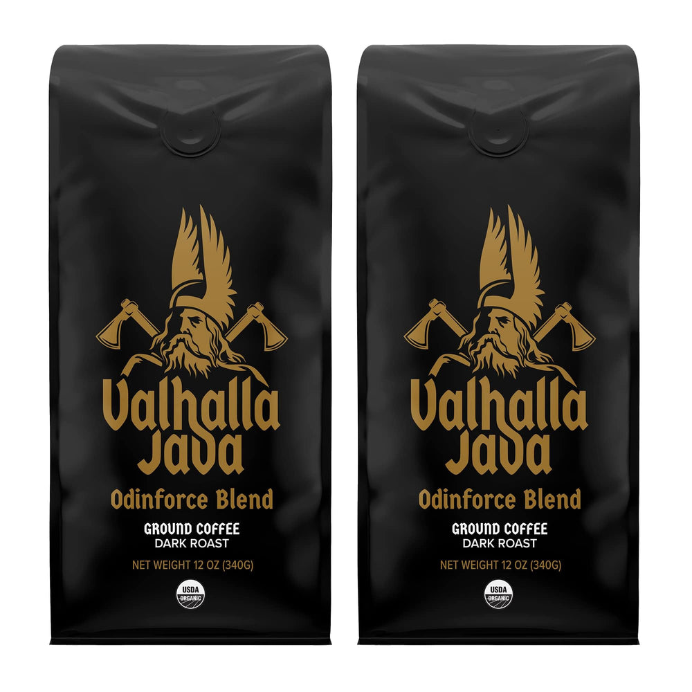Death Wish Coffee Valhalla Java Odinforce bag with bold branding for premium dark roast.