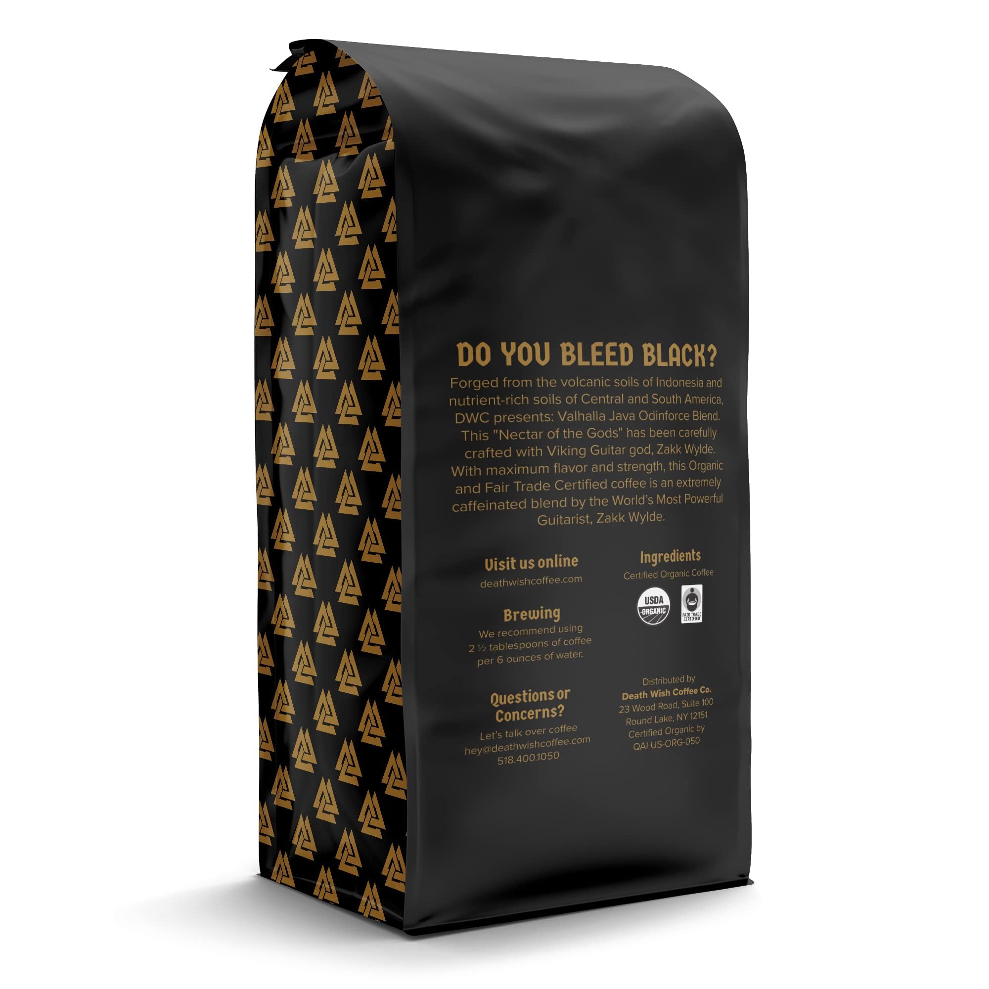 Death Wish Coffee Valhalla Java Odinforce beans showcase rich aroma and deep color.
