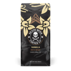 Death Wish Coffee Vanilla Ground Coffee 14 oz with vanilla-beans-closeup for bold mornings.