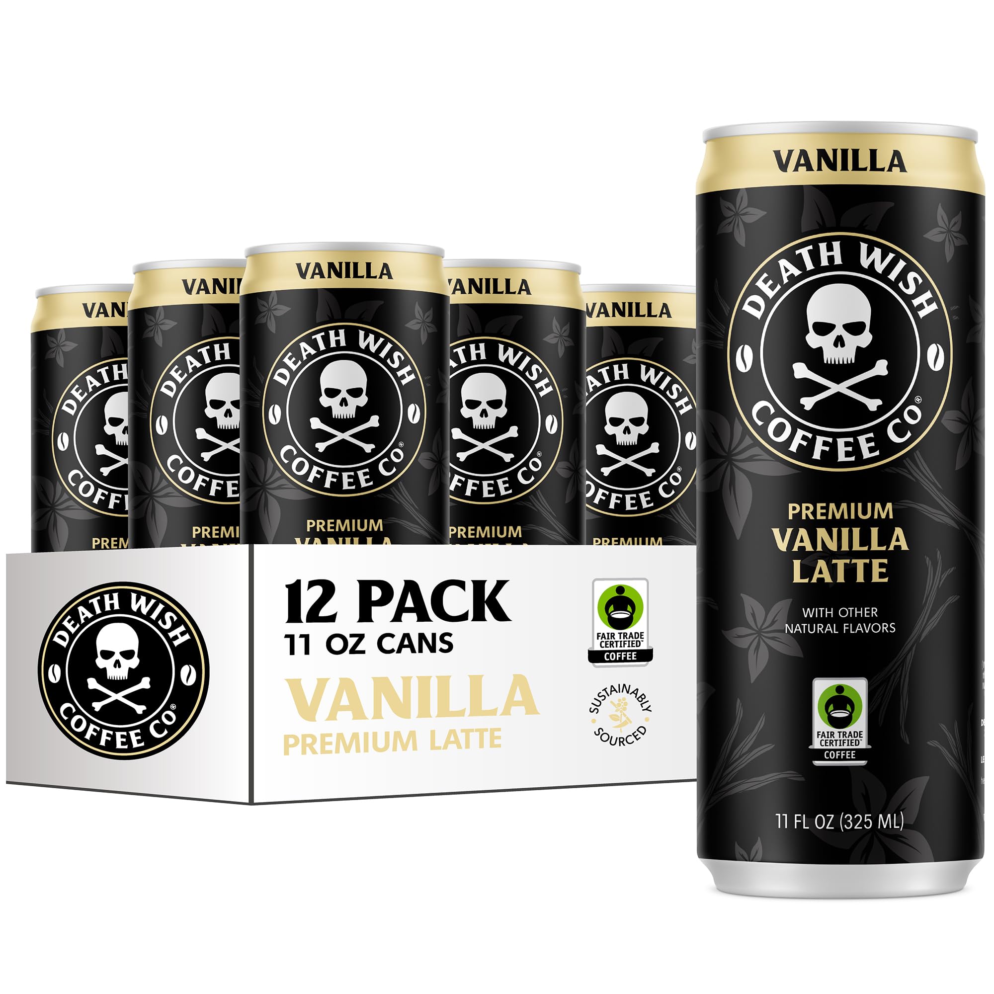 Death Wish Coffee Vanilla Latte can front view with bold energy and premium fair-trade coffee.