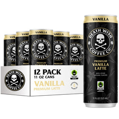 Death Wish Coffee Vanilla Latte can front view with bold energy and premium fair-trade coffee.
