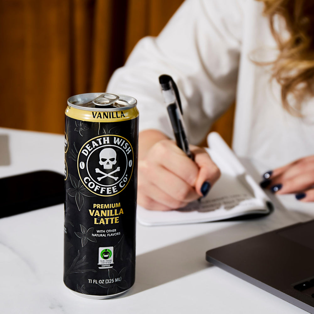 Death Wish Coffee Vanilla Latte label detail emphasizing fair trade and Colombian origin.