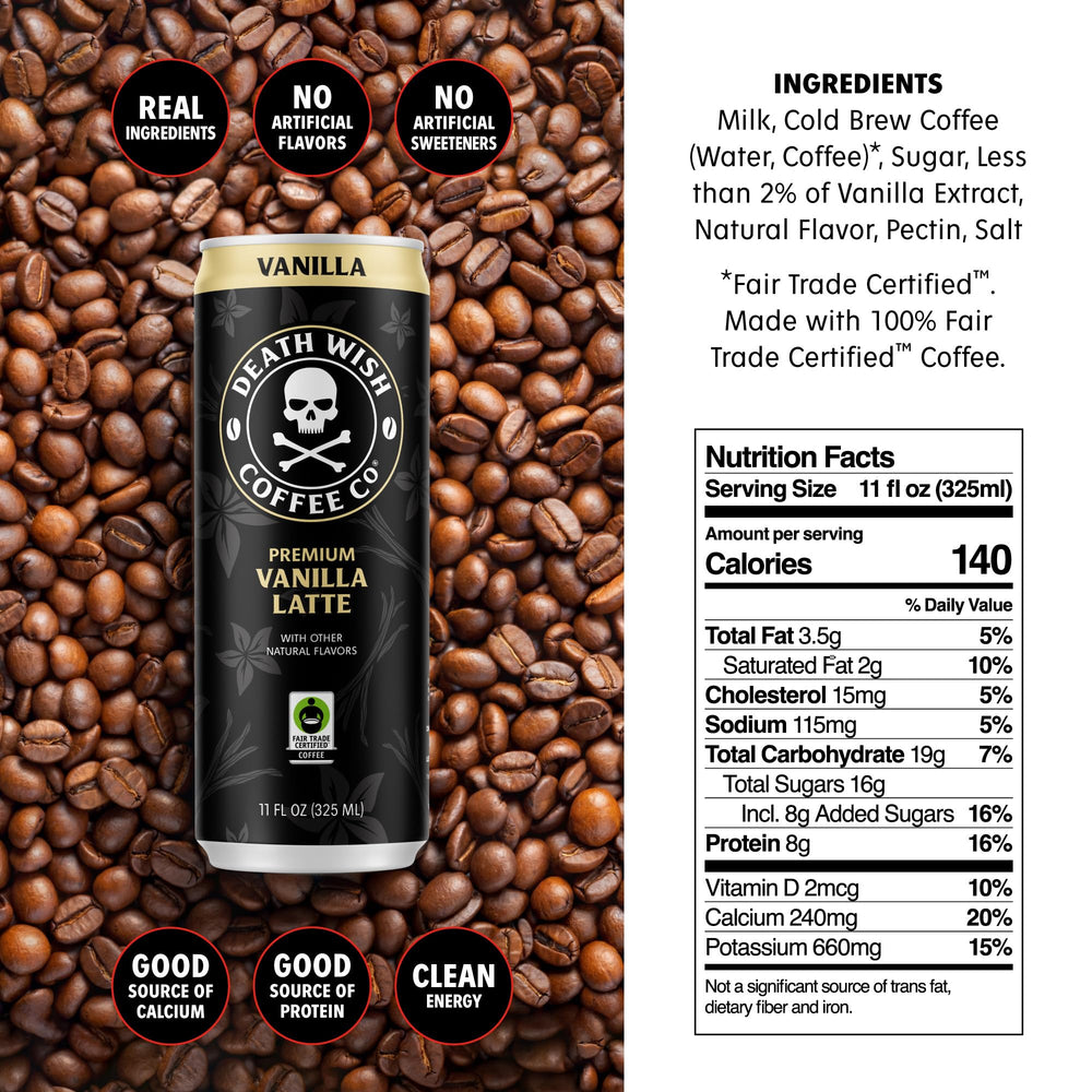 Death Wish Coffee Vanilla Latte being poured into a glass showing vanilla and coffee balance.