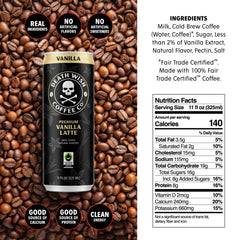 Death Wish Coffee Vanilla Latte being poured into a glass showing vanilla and coffee balance.