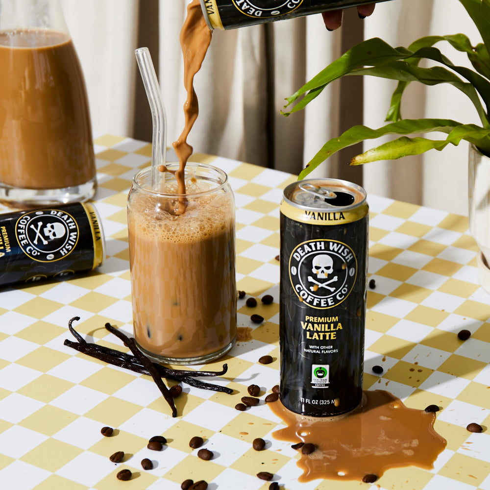 Death Wish Coffee Vanilla Latte ready-to-drink can ideal for on-the-go energy.