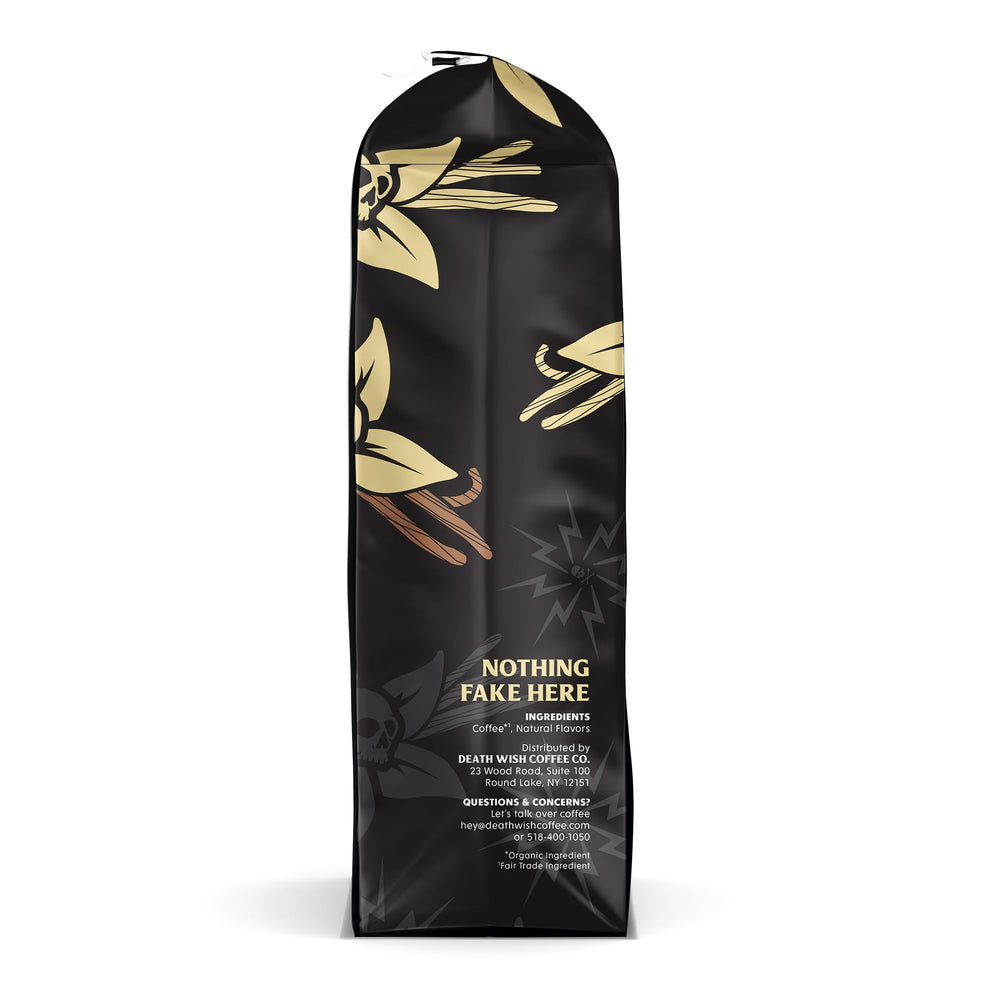 Death Wish Coffee Vanilla mug-steaming captures inviting aroma for cozy breaks.