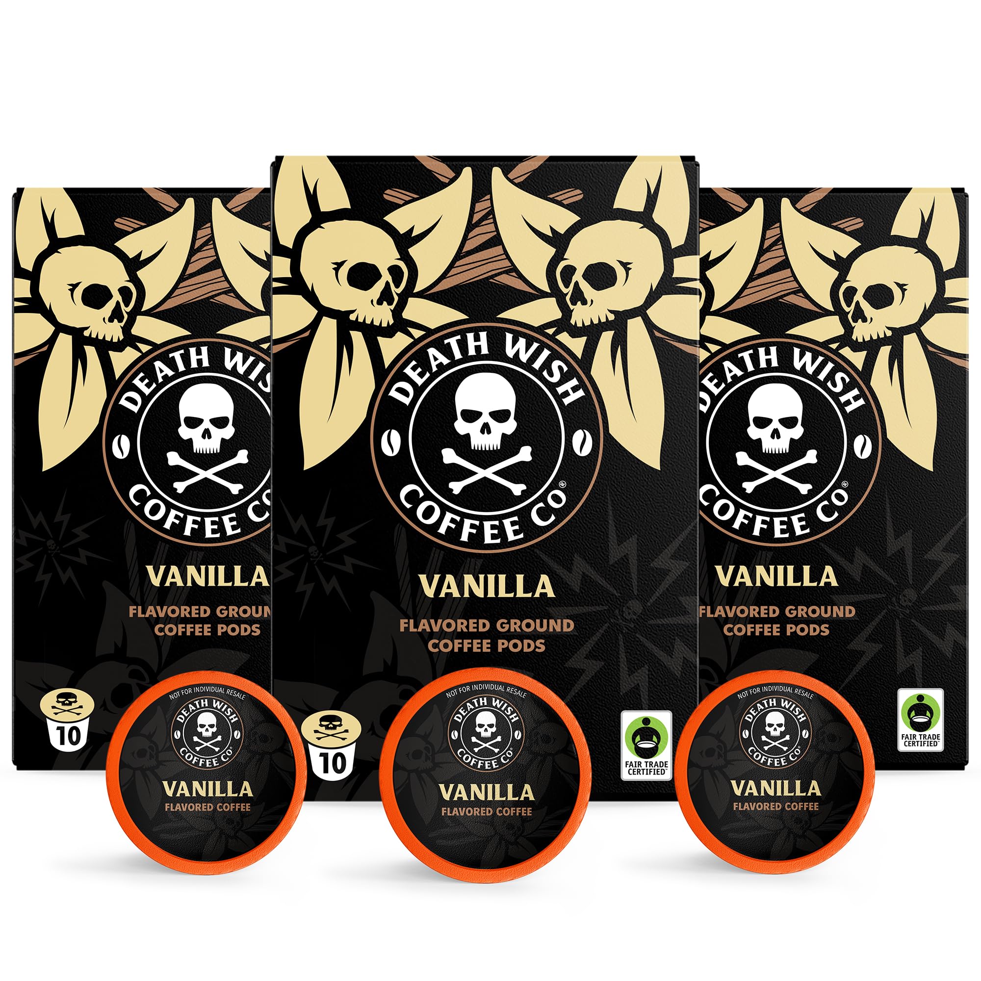 Death Wish Coffee vanilla pods box; bold flavor and convenient single serve.