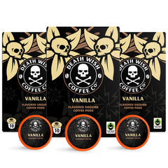 Death Wish Coffee vanilla pods box; bold flavor and convenient single serve.