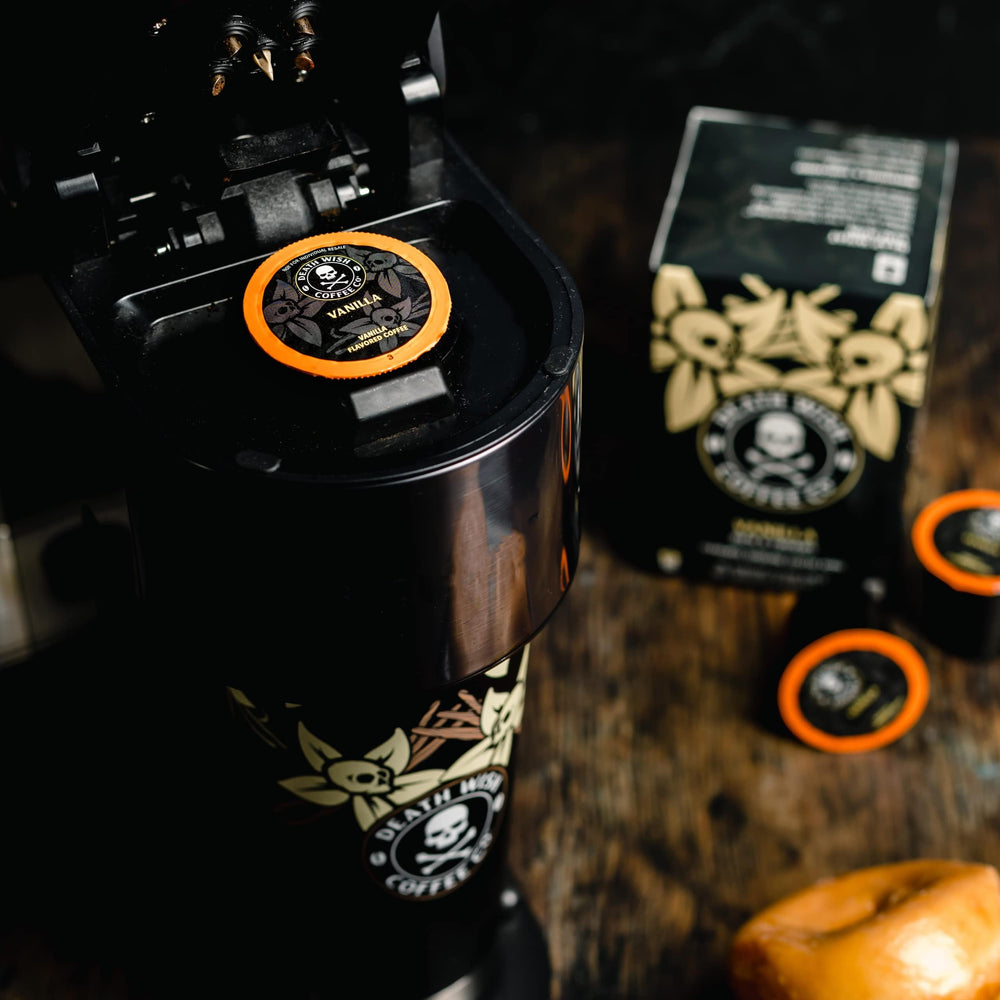 Death Wish vanilla pods in a Keurig brewer for quick bold cups.