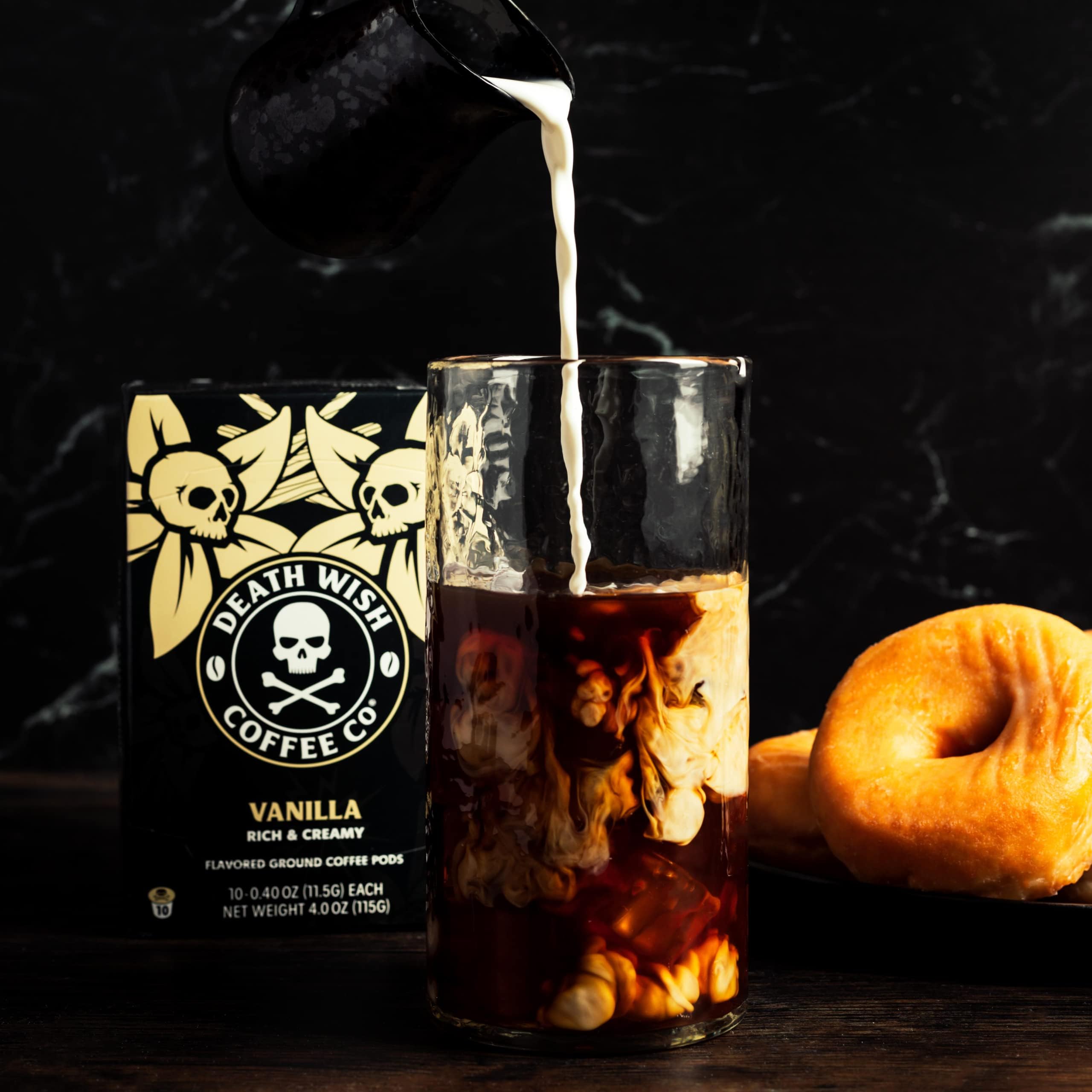Death Wish vanilla pods close-up shows premium beans and packaging.