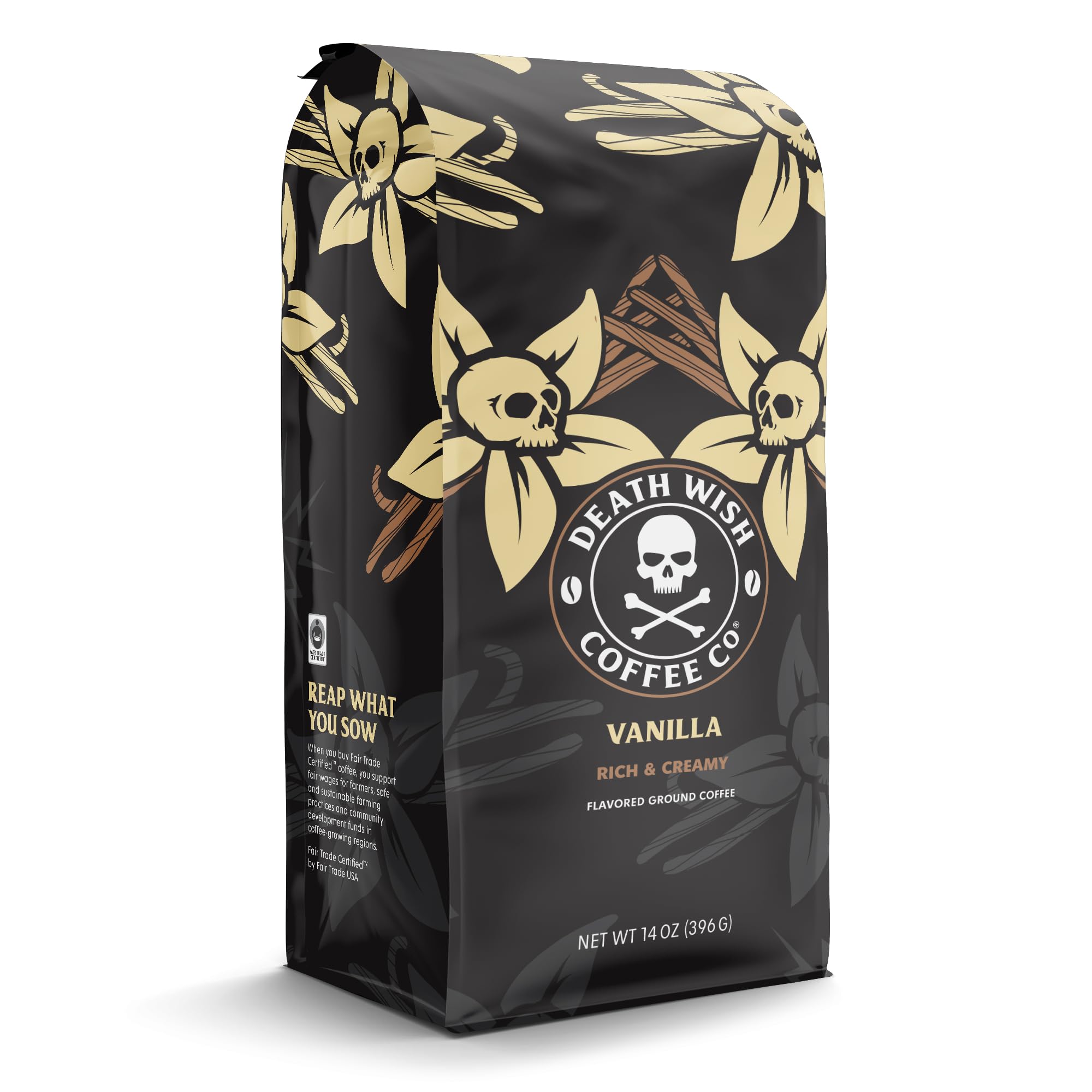 Death Wish Coffee Vanilla serving-scoop highlights convenient preparation.