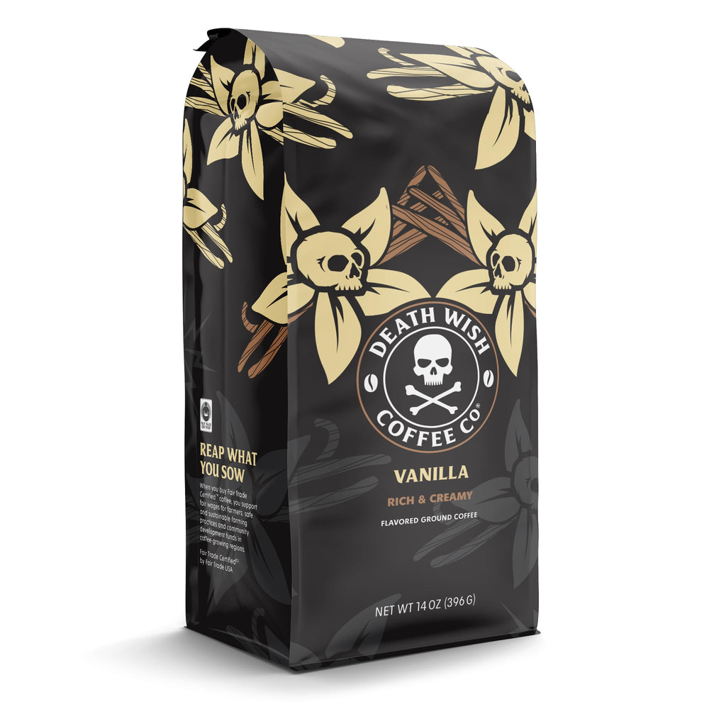 Death Wish Coffee Vanilla serving-scoop highlights convenient preparation.