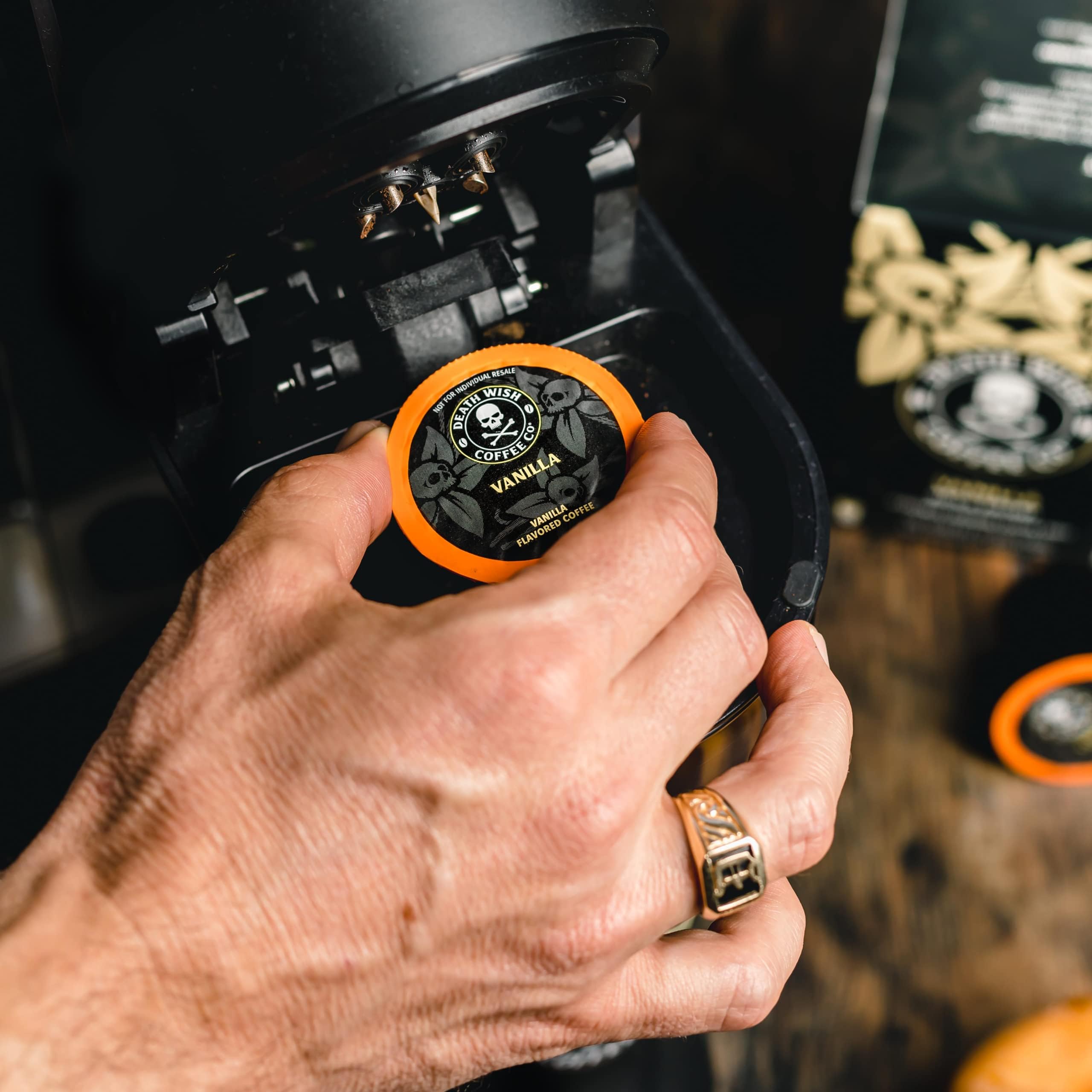Death Wish vanilla beans blend arabica and robusta for strong aroma.
