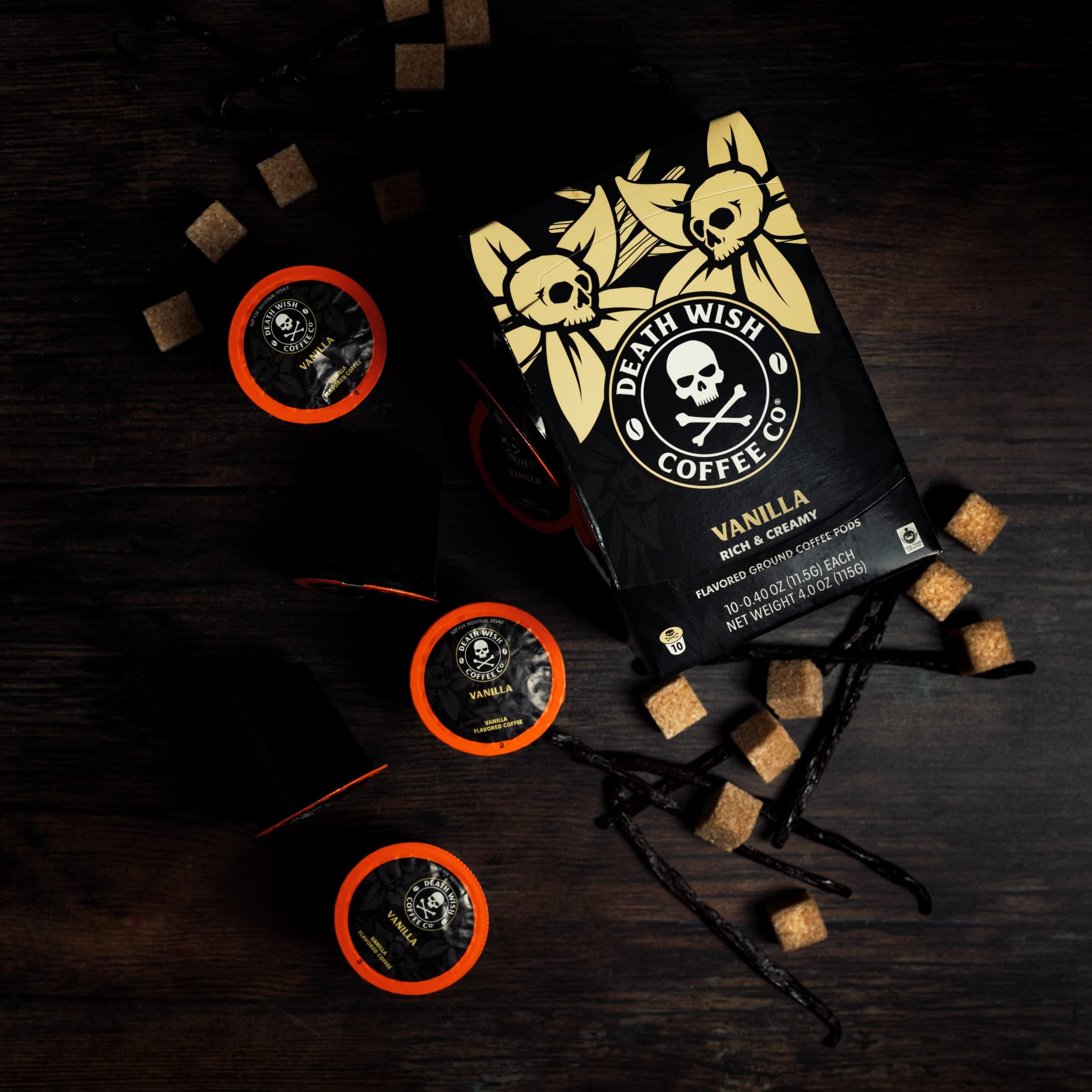 Death Wish vanilla over ice showcases refreshing bold coffee.