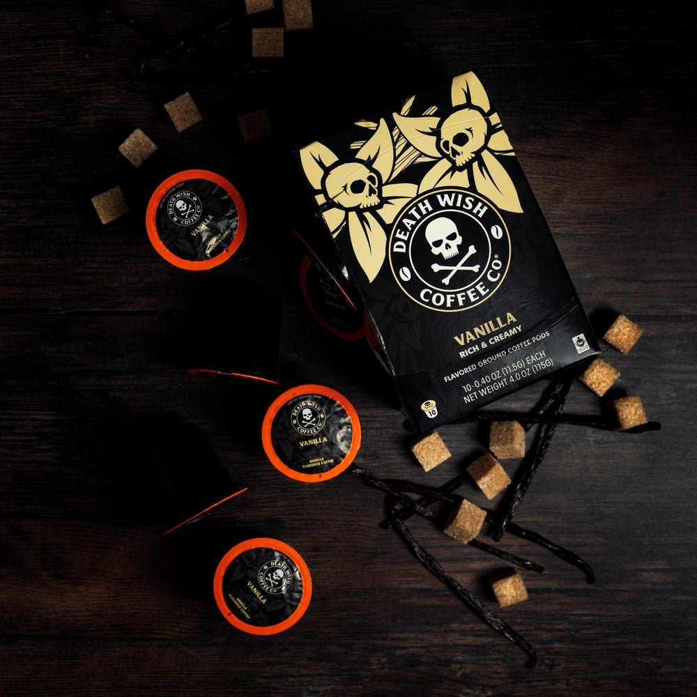 Death Wish vanilla over ice showcases refreshing bold coffee.