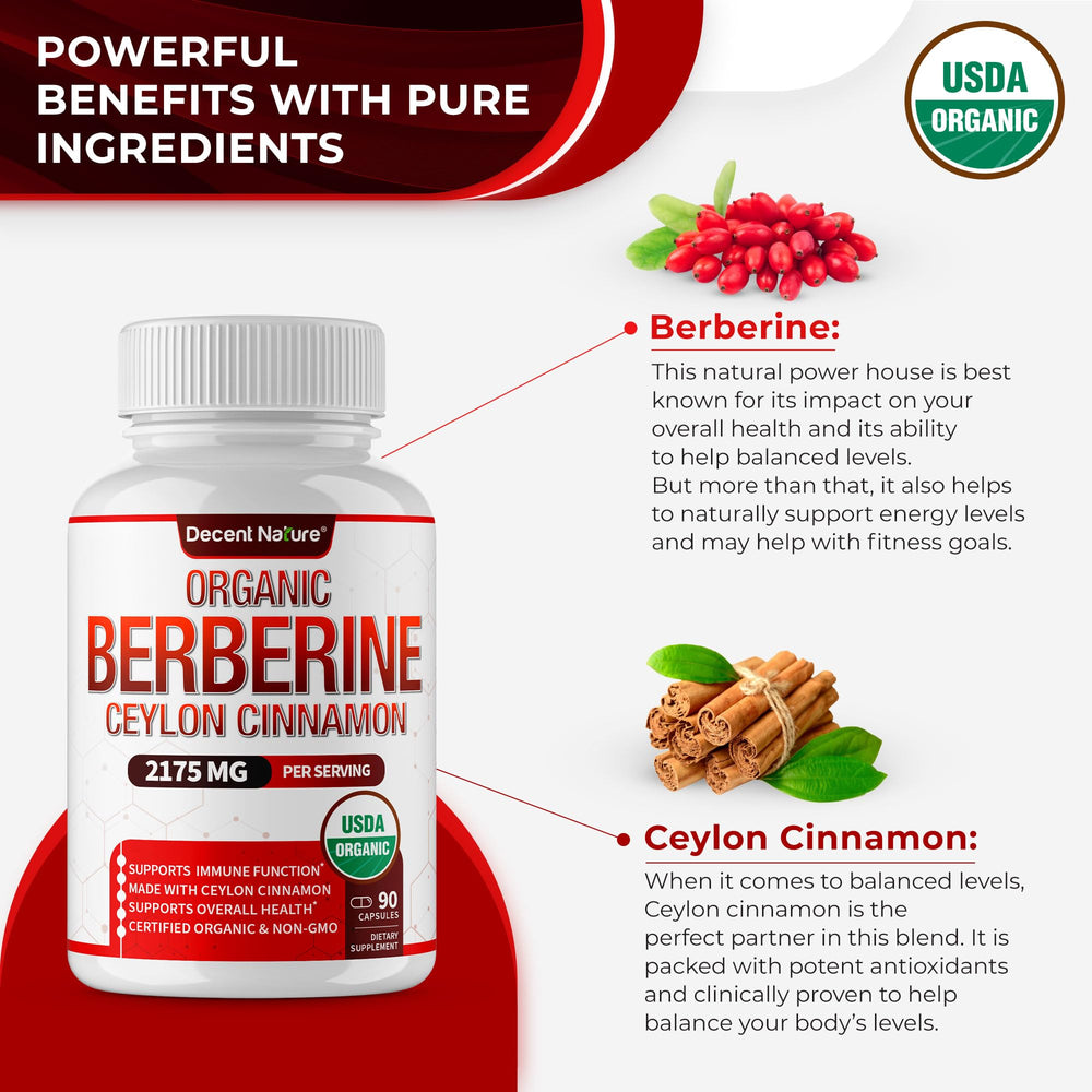 Decent Nature amber bottle label close-up highlights organic non GMO formula